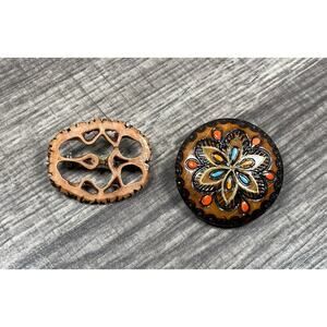 Vintage Hippie Hand Painted Pin Brooch’s Walnut Shell Wood